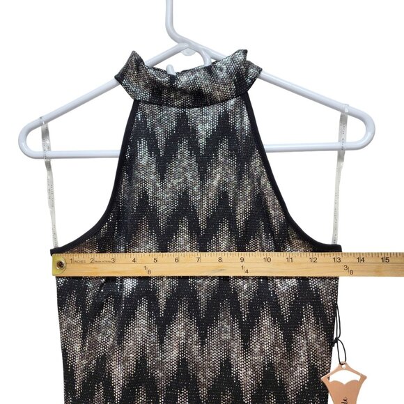Chevron Print Bodycon Mini Dress Halter Neck Keyhole Back Haute Black Silver M - Picture 3 of 10